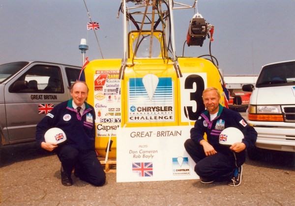 Picture of Rob Bayly beside trans-Atlantic balloon capsule